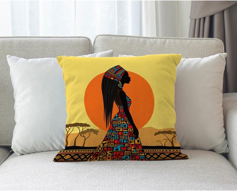Moslion African Pillow Cover African Woman in a Bohemian Dress Ethnic Throw Pillow Case 18x18 inch Cotton Linen Square Cushion Decorative Cover Sofa Bed Yellow Black - Image 3